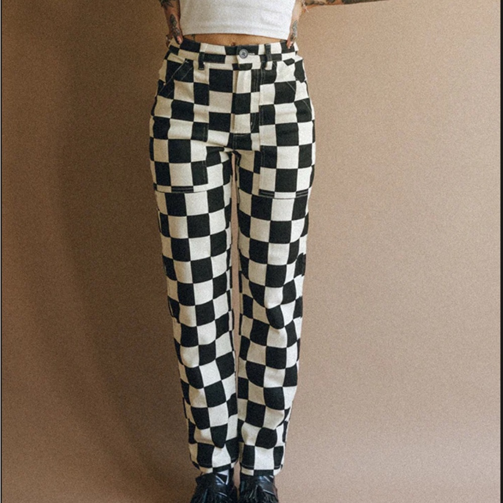Checkered Black and White Straight Leg Pants